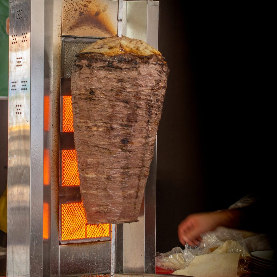 Traditional Turkish Doner Kebab kebab on skewer. Turkish cuisine Traditional Turkish food Doner Kebab. Turnspit skewing kebap kebab shawarma